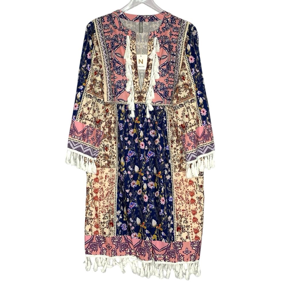 NoraCora XXL NEW Womens Boho Floral Print Lace Trim Dress Tassel Detail Resort